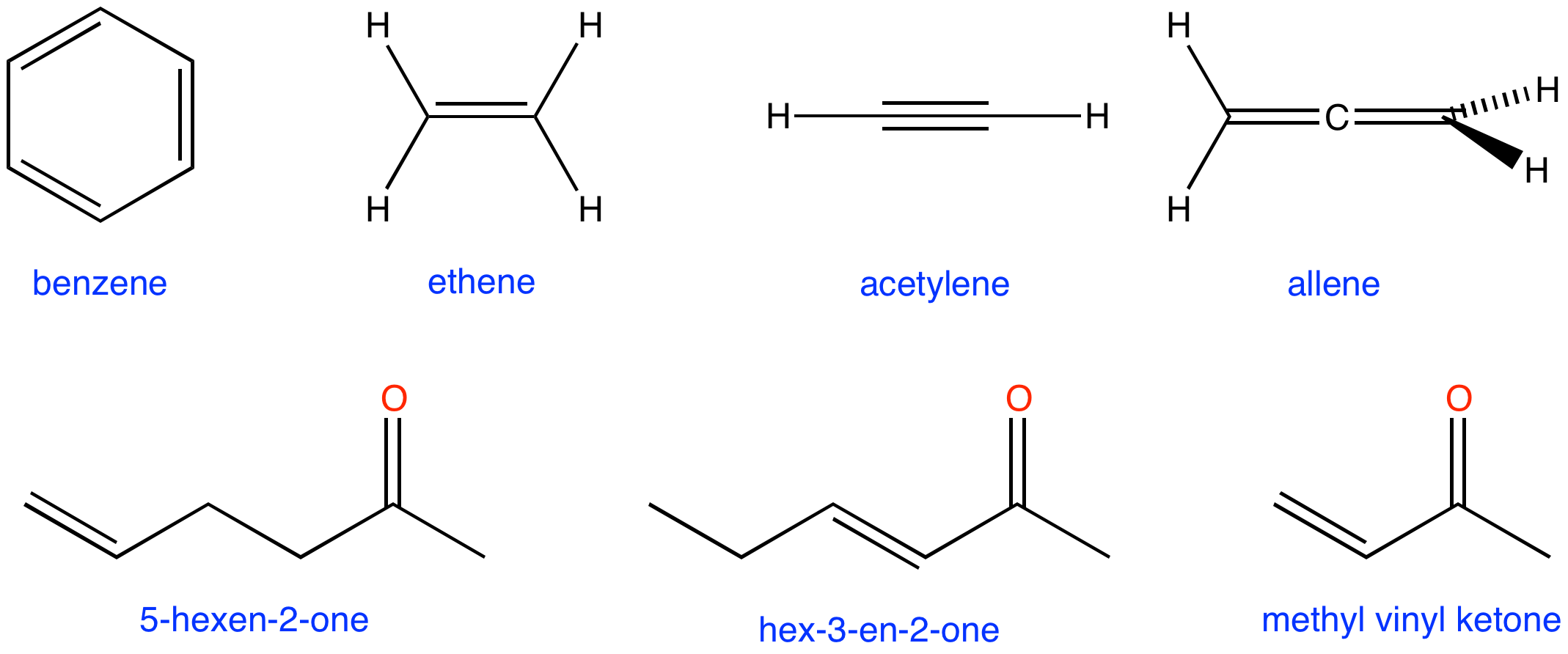 benzene ethene acetylene allene methyl vinyl ketone