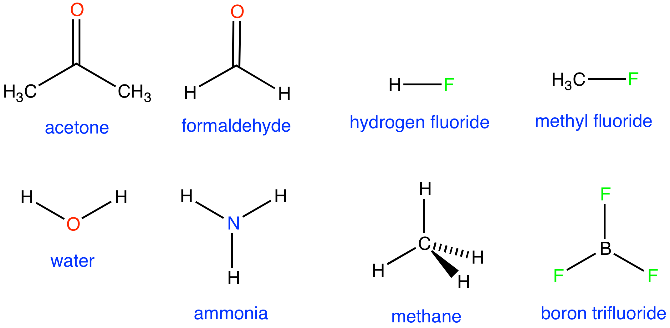  Acetone Formaldehyde hydrogen fluoride methyl fluoride water ammonia methane boron trifluoride