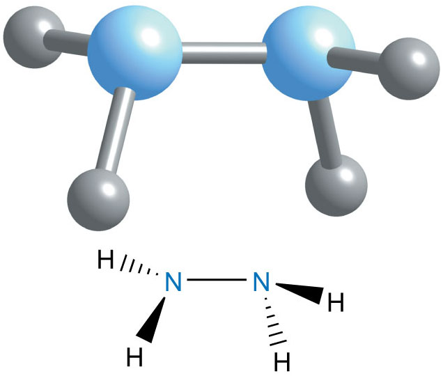 The lowest energy conformation of hydrazine (N2H4).