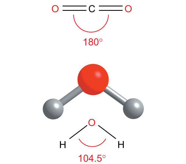  triatomic molecules CO2 and H2O have different shapes. CO2 is linear and H2O is bent.