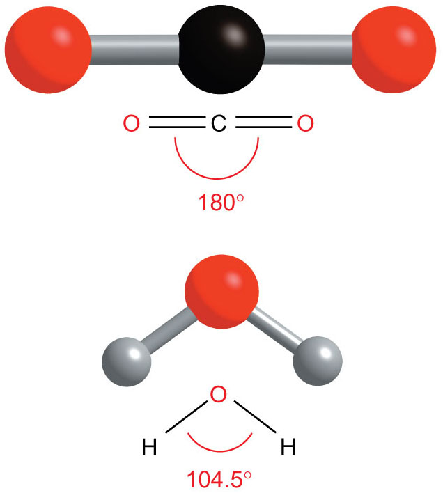  triatomic molecules CO2
and H2O have different shapes. CO2 is linear and H2O is bent.