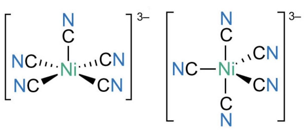 5-coordinate [Ni(CN)5]3− complex can adopt either the trigonal bipyramidal geometry (left) or the square pyramidal geometry (right),